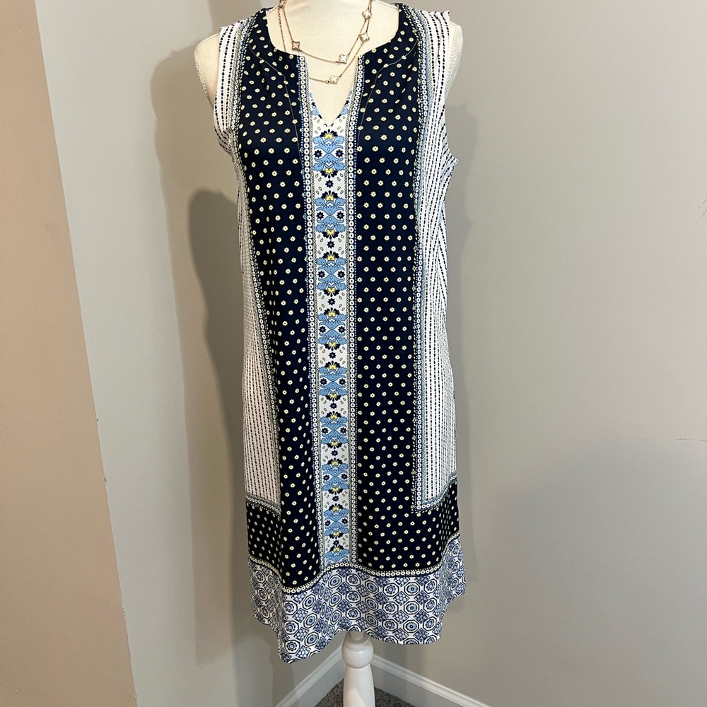 Blue and White Sleeveless Sheath Midi Dress Size Small